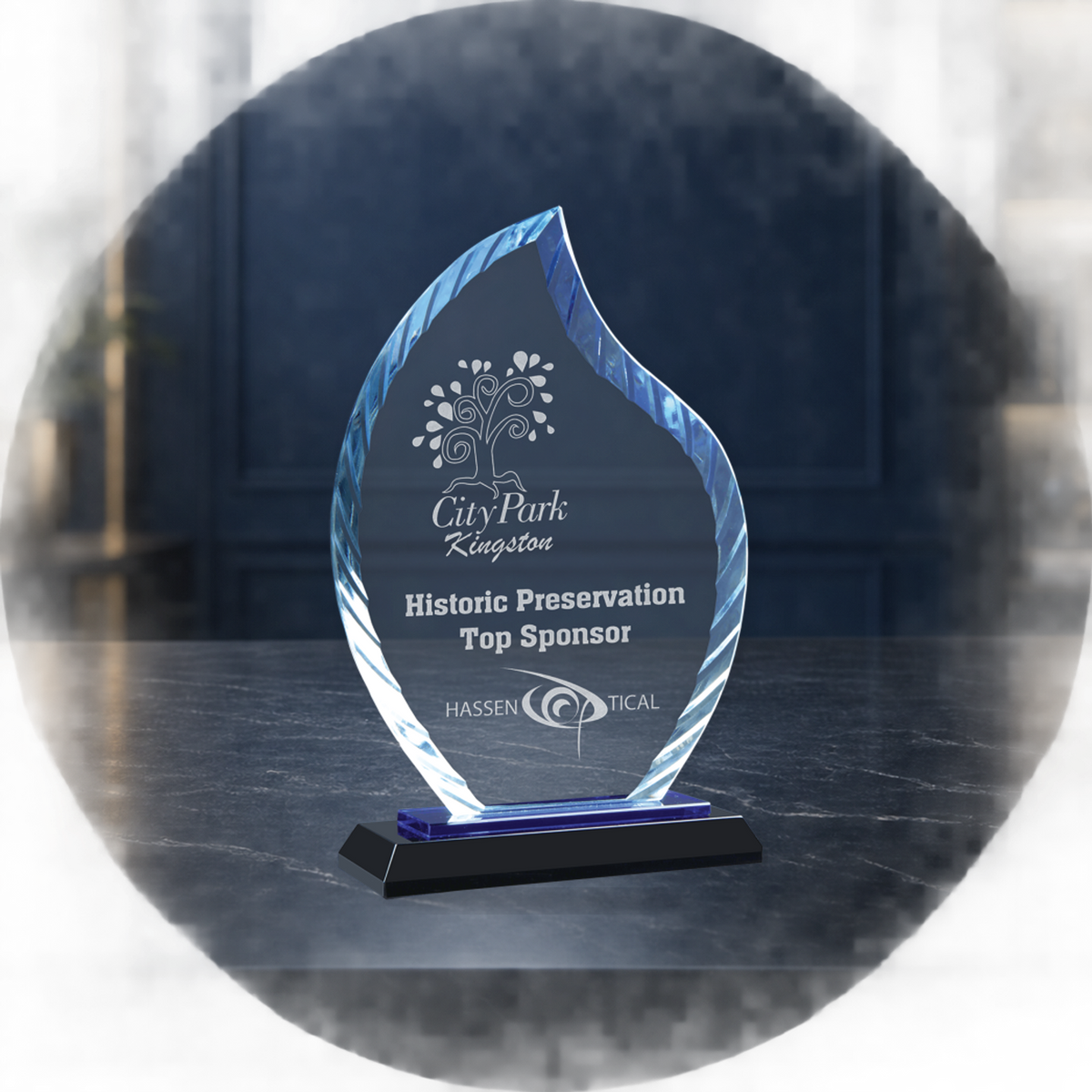 Personalized Flame Glass Award on Blue & Black Reflective Base – Custom Engraved Award Plaque