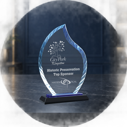 Personalized Flame Glass Award on Blue & Black Reflective Base – Custom Engraved Award Plaque