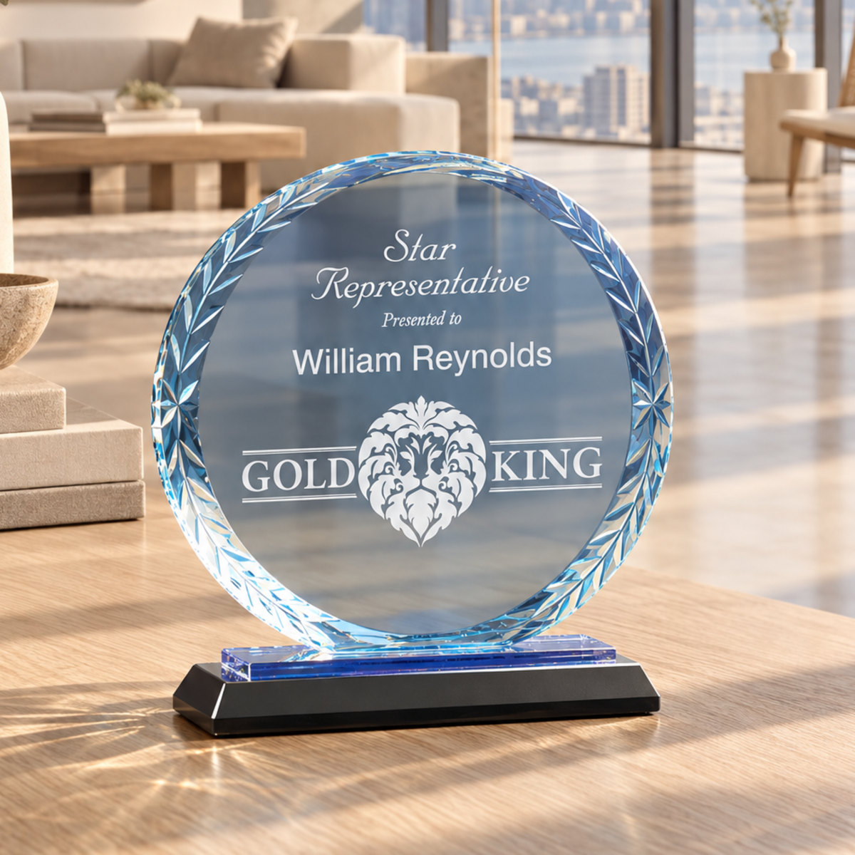 Personalized Oval Glass Award on Blue & Black Reflective Base – Custom Engraved Award Plaque