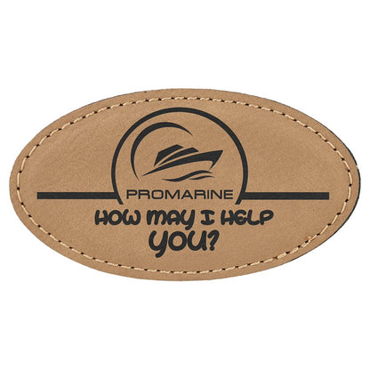 3 1/4" x 1 3/4" Light Brown Laserable Leatherette Oval Badge with Magnet, custom engraved name badge
