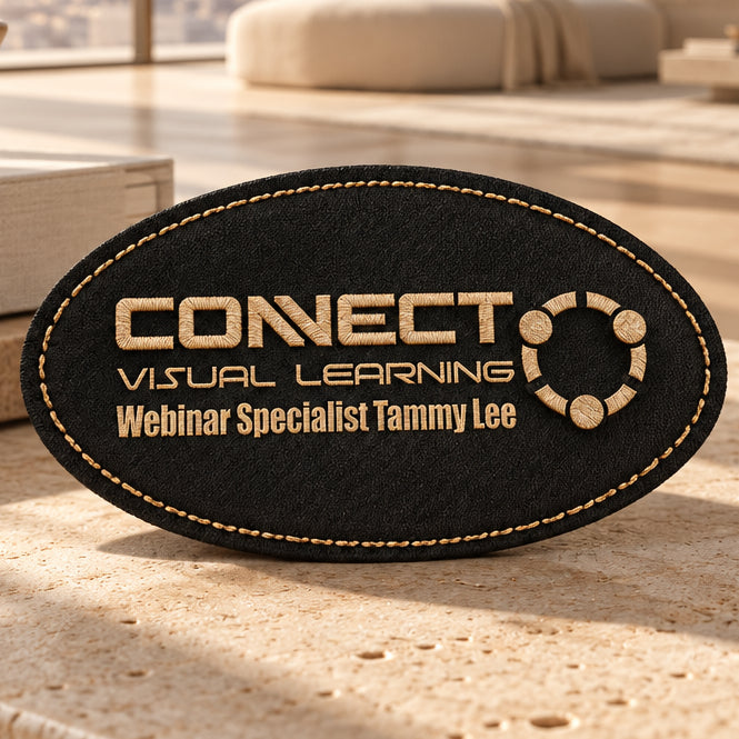 3 1/4" x 1 3/4" Black/Gold Laserable Leatherette Oval Badge with Magnet, custom engraved name badge