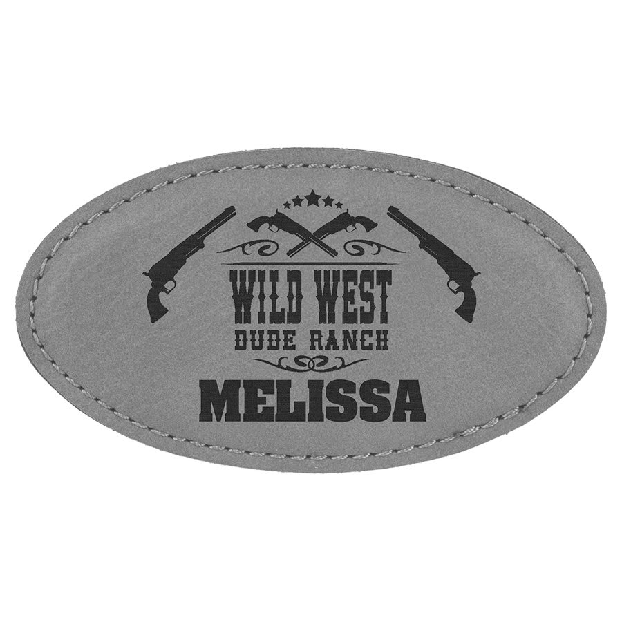 3 1/4" x 1 3/4" Gray Laserable Leatherette Oval Badge with Magnet, custom engraved name badge