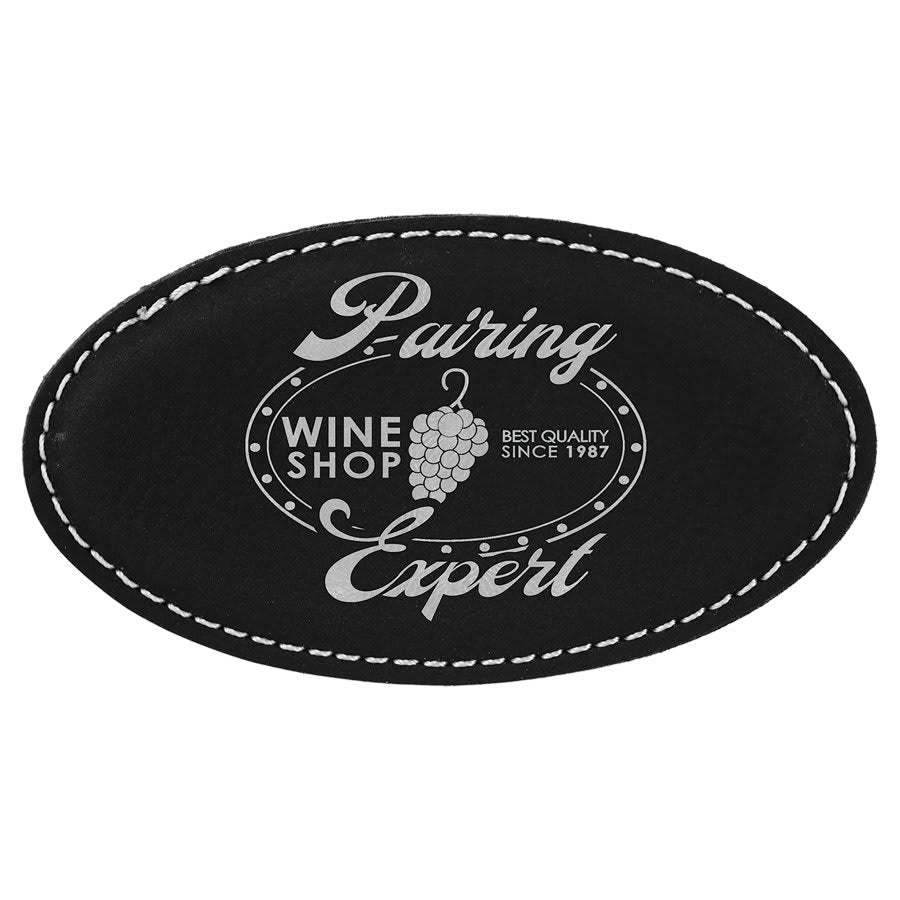 3 1/4" x 1 3/4" Black/Silver Laserable Leatherette Oval Badge with Magnet, custom engraved name badge