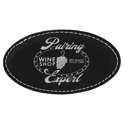 3 1/4" x 1 3/4" Black/Silver Laserable Leatherette Oval Badge with Magnet, custom engraved name badge