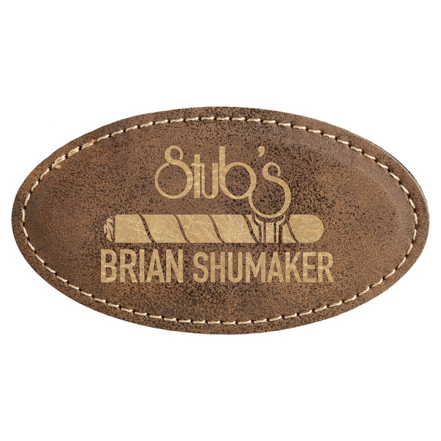 3 1/4" x 1 3/4" Rustic/Gold Laserable Leatherette Oval Badge with Magnet, custom engraved name badge