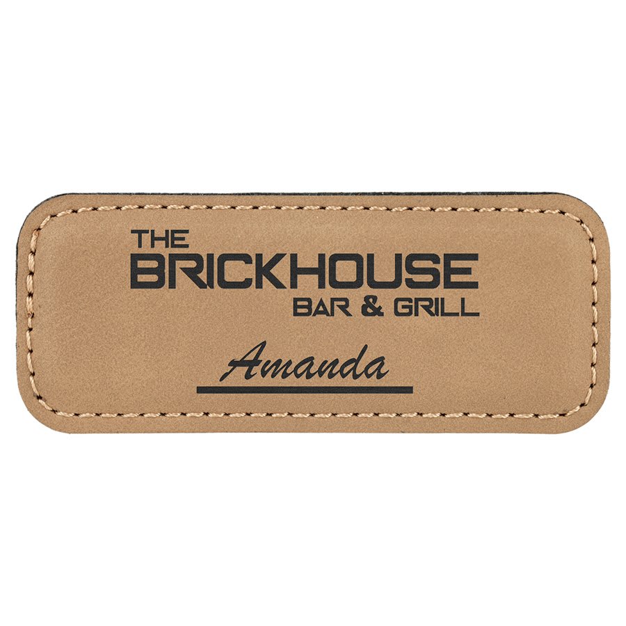 3 1/4" x 1 1/4" Light Brown Laserable Leatherette Badge with Magnet, custom engraved name badge