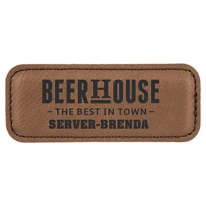 3 1/4" x 1 1/4" Dark Brown Laserable Leatherette Badge with Magnet, custom engraved name badge