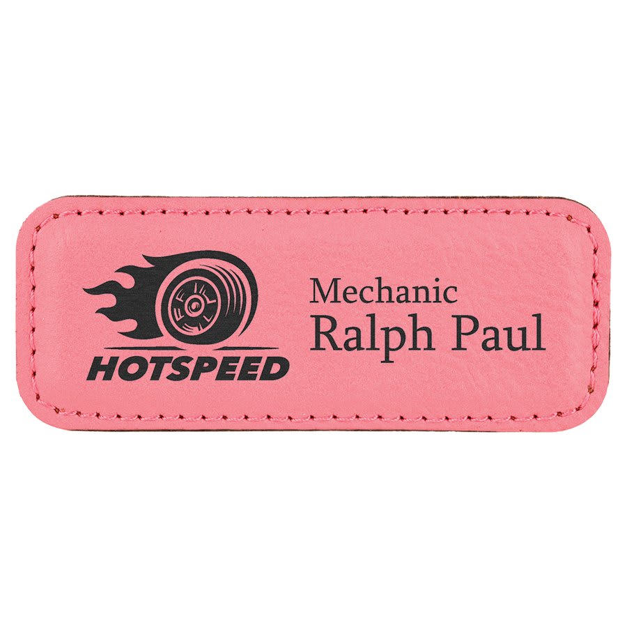 3 1/4" x 1 1/4" Pink Laserable Leatherette Badge with Magnet, custom engraved name badge