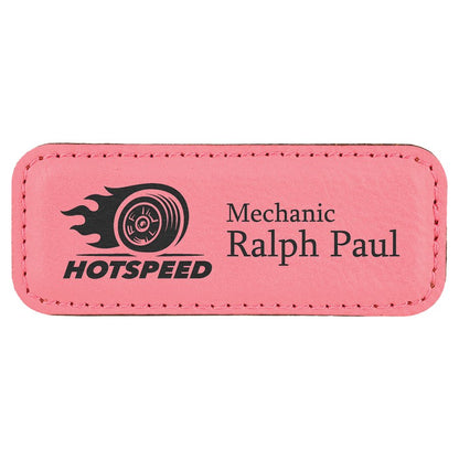 3 1/4" x 1 1/4" Pink Laserable Leatherette Badge with Magnet, custom engraved name badge