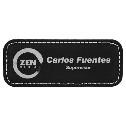 3 1/4" x 1 1/4" Black/Silver Laserable Leatherette Badge with Magnet, custom engraved name badge