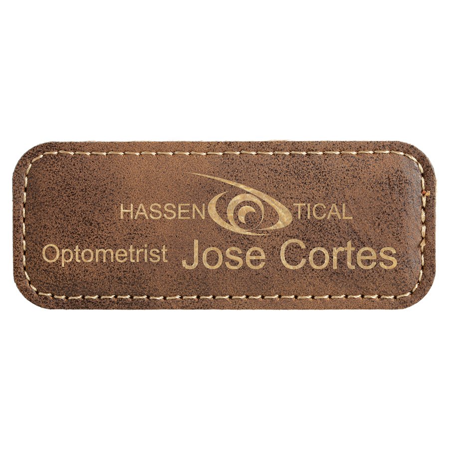 3 1/4" x 1 1/4" Rustic/Gold Laserable Leatherette Badge with Magnet, custom engraved name badge