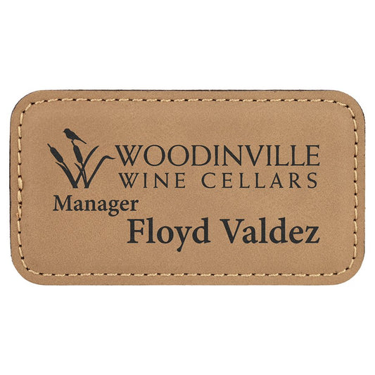 3 1/4" x 1 3/4" Light Brown Laserable Leatherette Badge with Magnet, custom engraved name badge