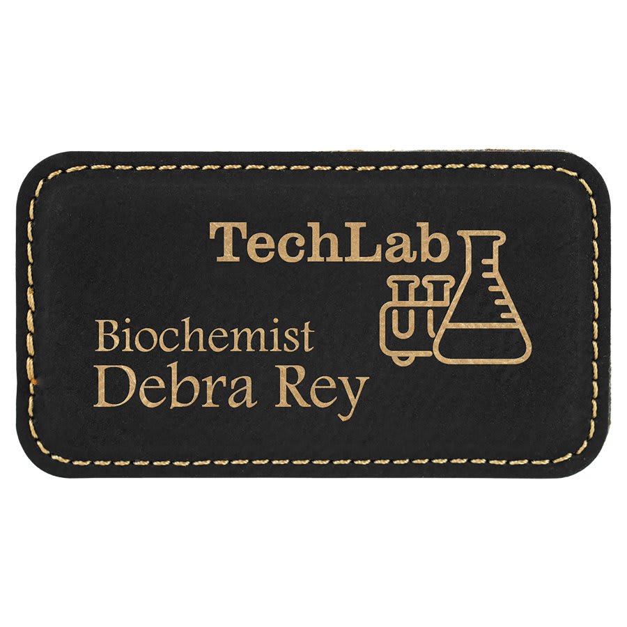 3 1/4" x 1 3/4" Black/Gold Laserable Leatherette Badge with Magnet, custom engraved name badge