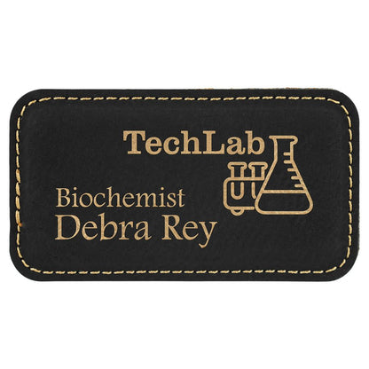 3 1/4" x 1 3/4" Black/Gold Laserable Leatherette Badge with Magnet, custom engraved name badge