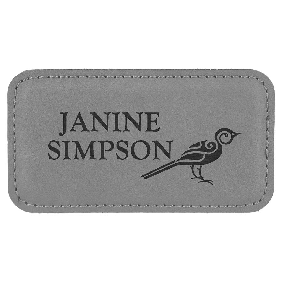 3 1/4" x 1 3/4" Gray Laserable Leatherette Badge with Magnet, custom engraved name badge