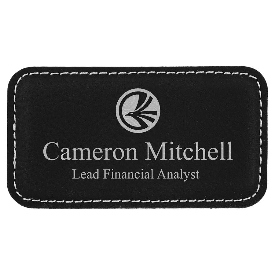 3 1/4" x 1 3/4" Black/Silver Laserable Leatherette Badge with Magnet, custom engraved name badge