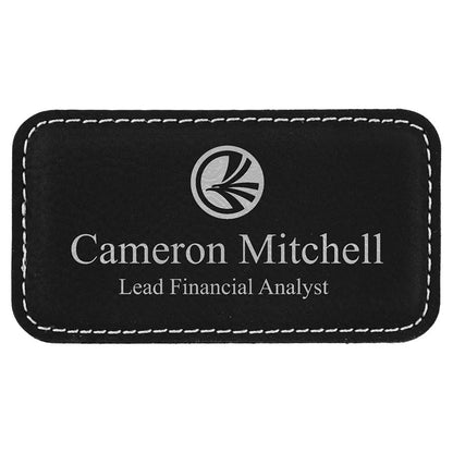 3 1/4" x 1 3/4" Black/Silver Laserable Leatherette Badge with Magnet, custom engraved name badge