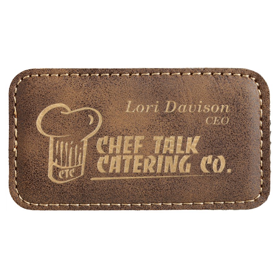 3 1/4" x 1 3/4" Rustic/Gold Laserable Leatherette Badge with Magnet, custom engraved name badge