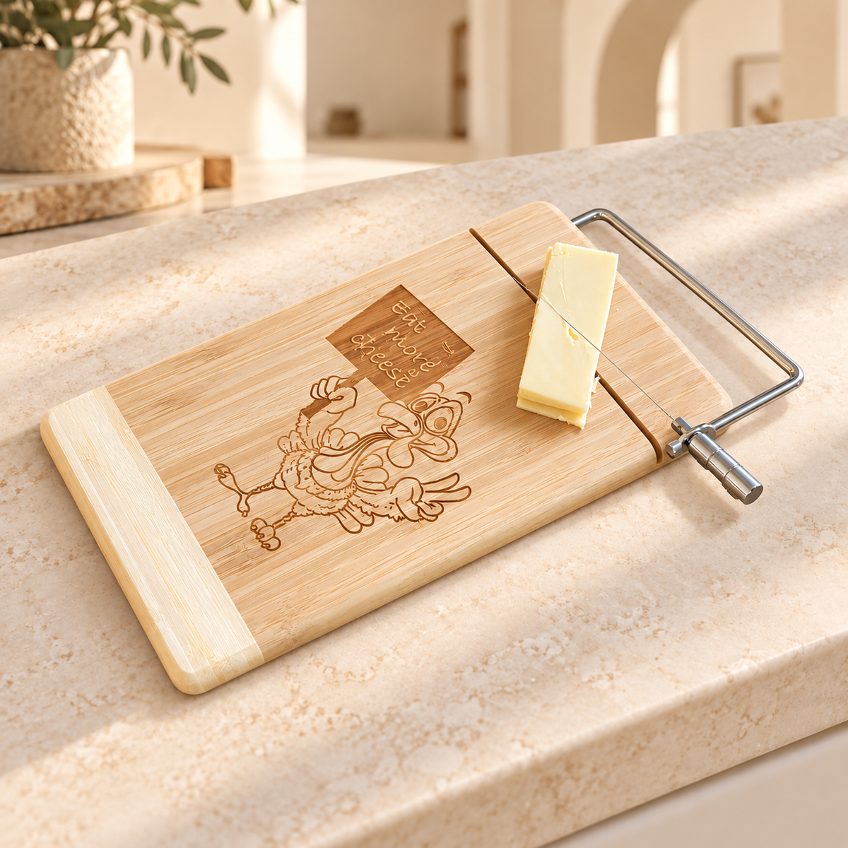 Custom Logo Bamboo Cheese Board with Wire Cheese Cutter – Laser Engraved 12" x 6" Board