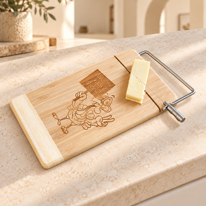 Custom Logo Bamboo Cheese Board with Wire Cheese Cutter – Laser Engraved 12" x 6" Board