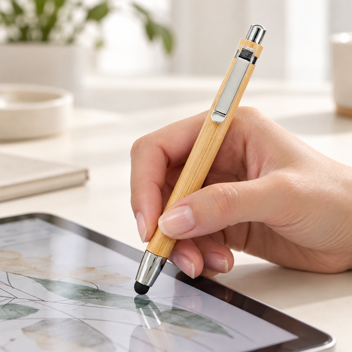 Hand using an engraved bamboo stylus pen on a tablet screen