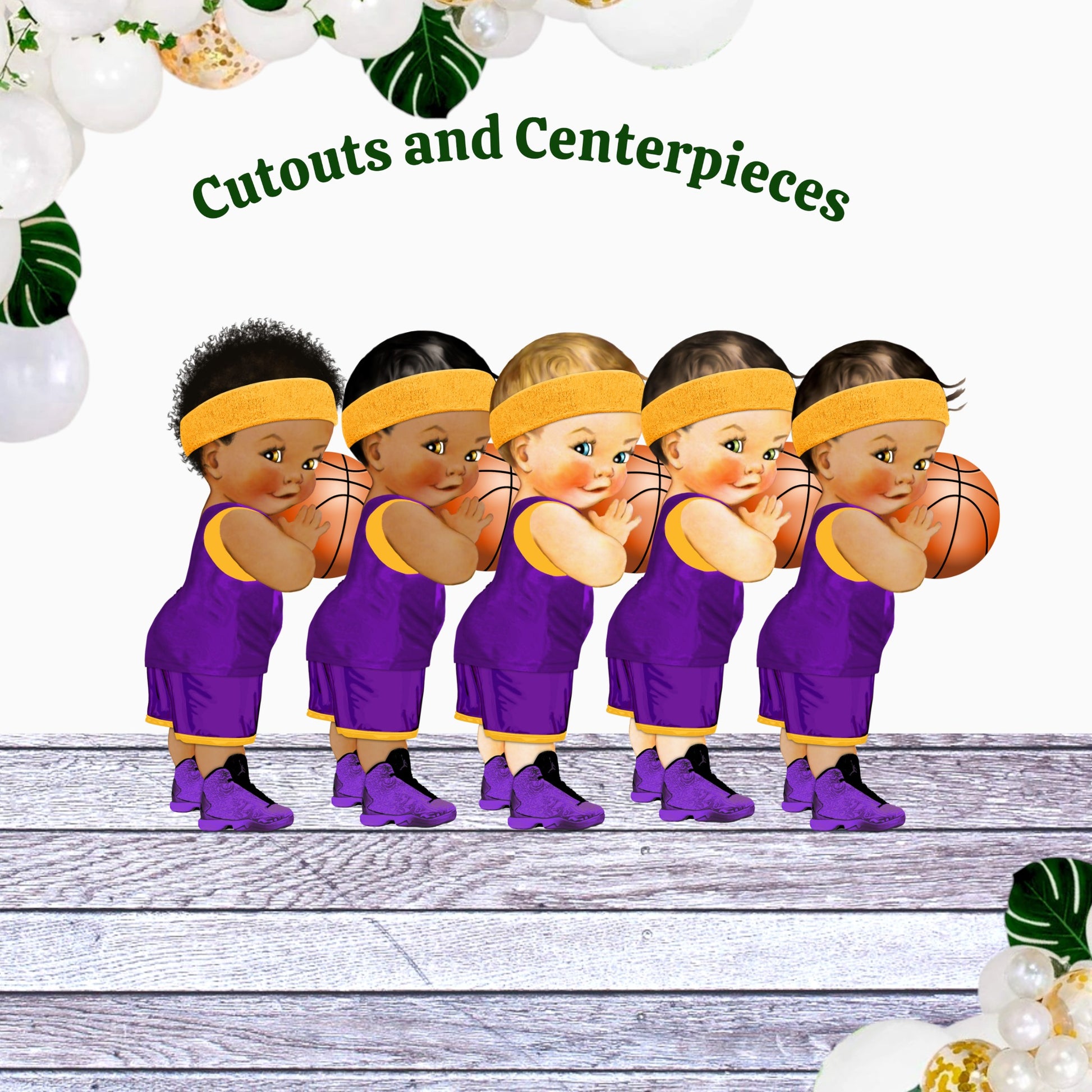 Basketball Baby Shower Decor – Purple Gold Baby Boy Cutouts & Centerpieces