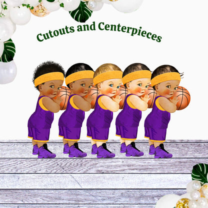 Basketball Baby Shower Decor – Purple Gold Baby Boy Cutouts & Centerpieces