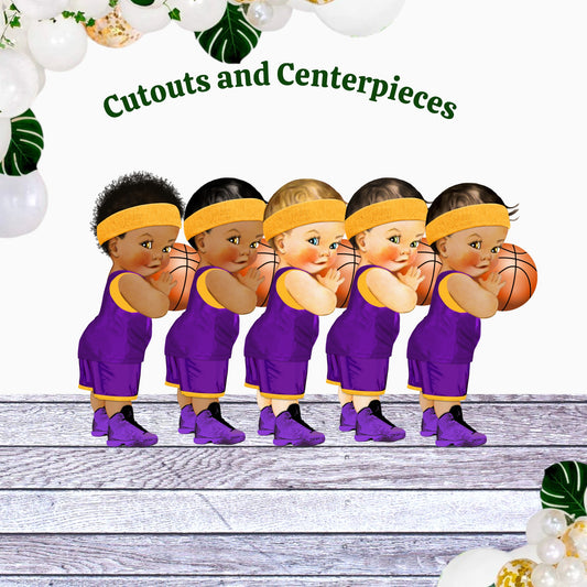 Basketball Baby Shower Decor – Purple Gold Baby Boy Cutouts & Centerpieces