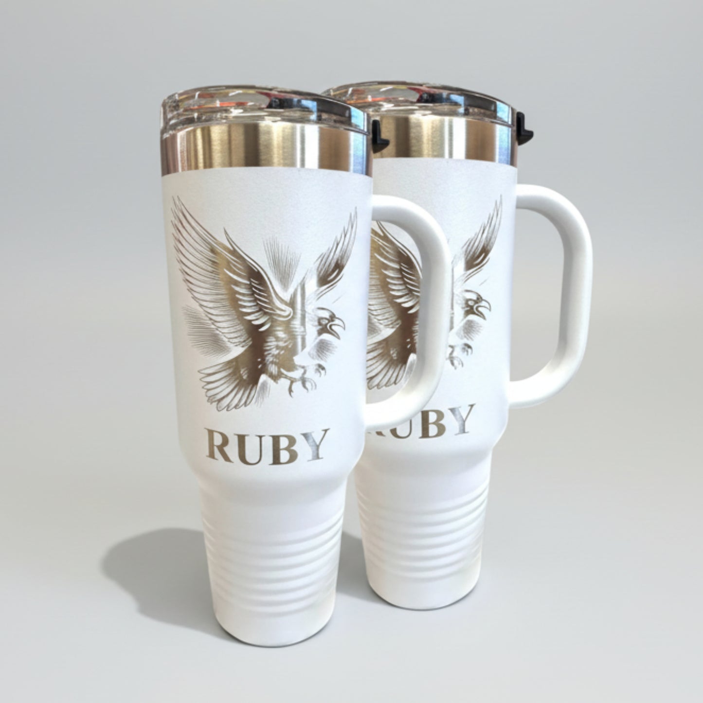 commercial photography packshot, light gray seamless backdrop, neutral lighting, don't change tumblers: Gothic Travel Mug with Handle 40 Oz