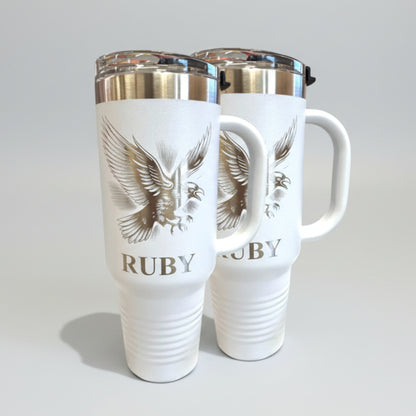 commercial photography packshot, light gray seamless backdrop, neutral lighting, don't change tumblers: Gothic Travel Mug with Handle 40 Oz