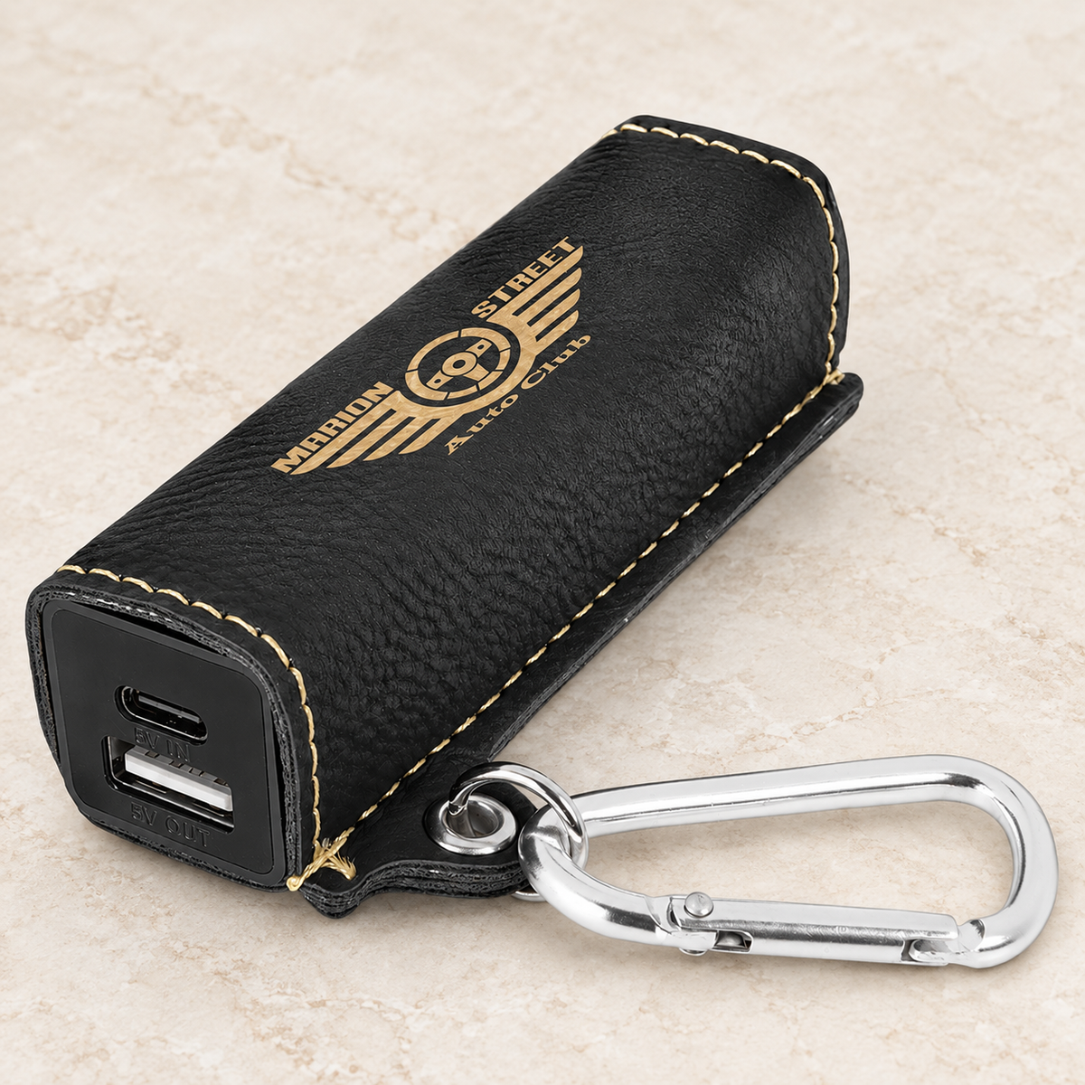 Black/Gold engraved leatherette power bank