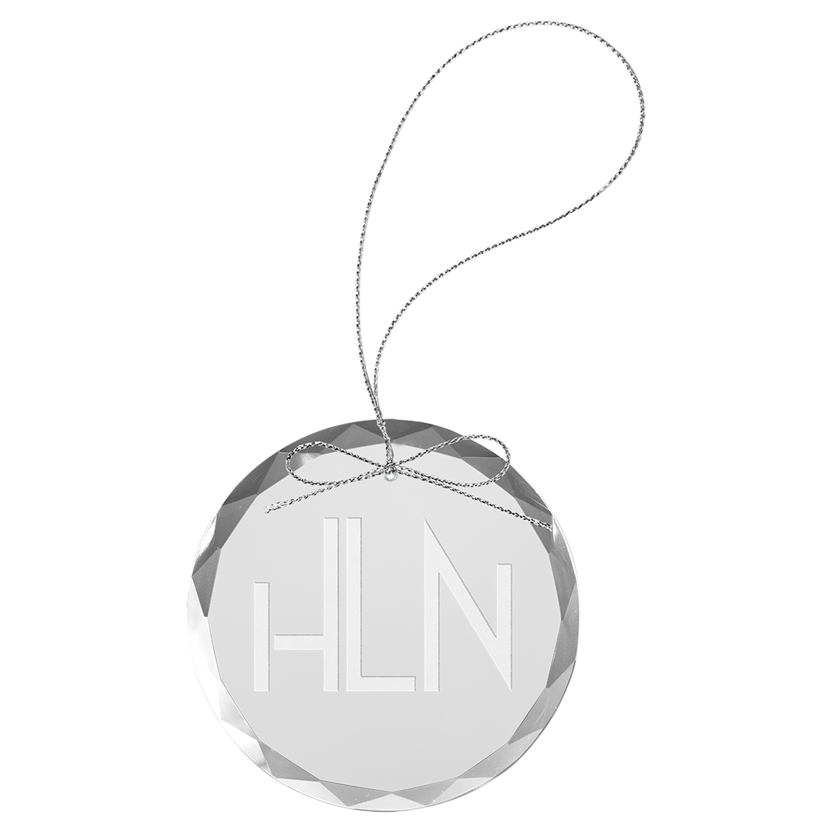 Engraved clear round glass Christmas ornament with silver string