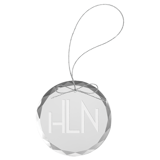 Engraved clear round glass Christmas ornament with silver string