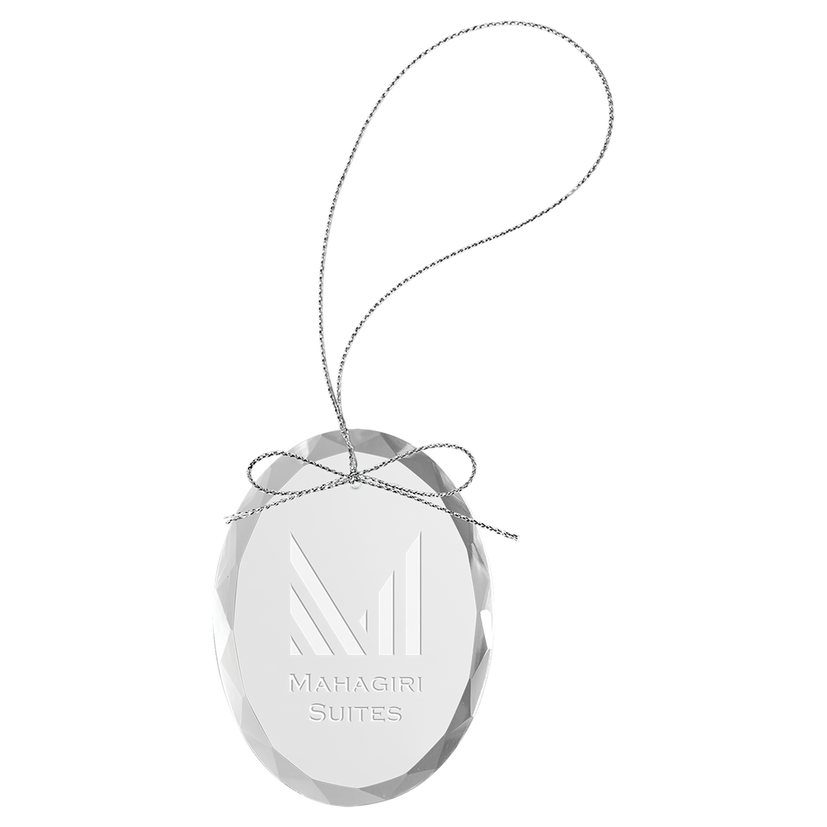 Engraved clear oval glass Christmas ornament with silver string