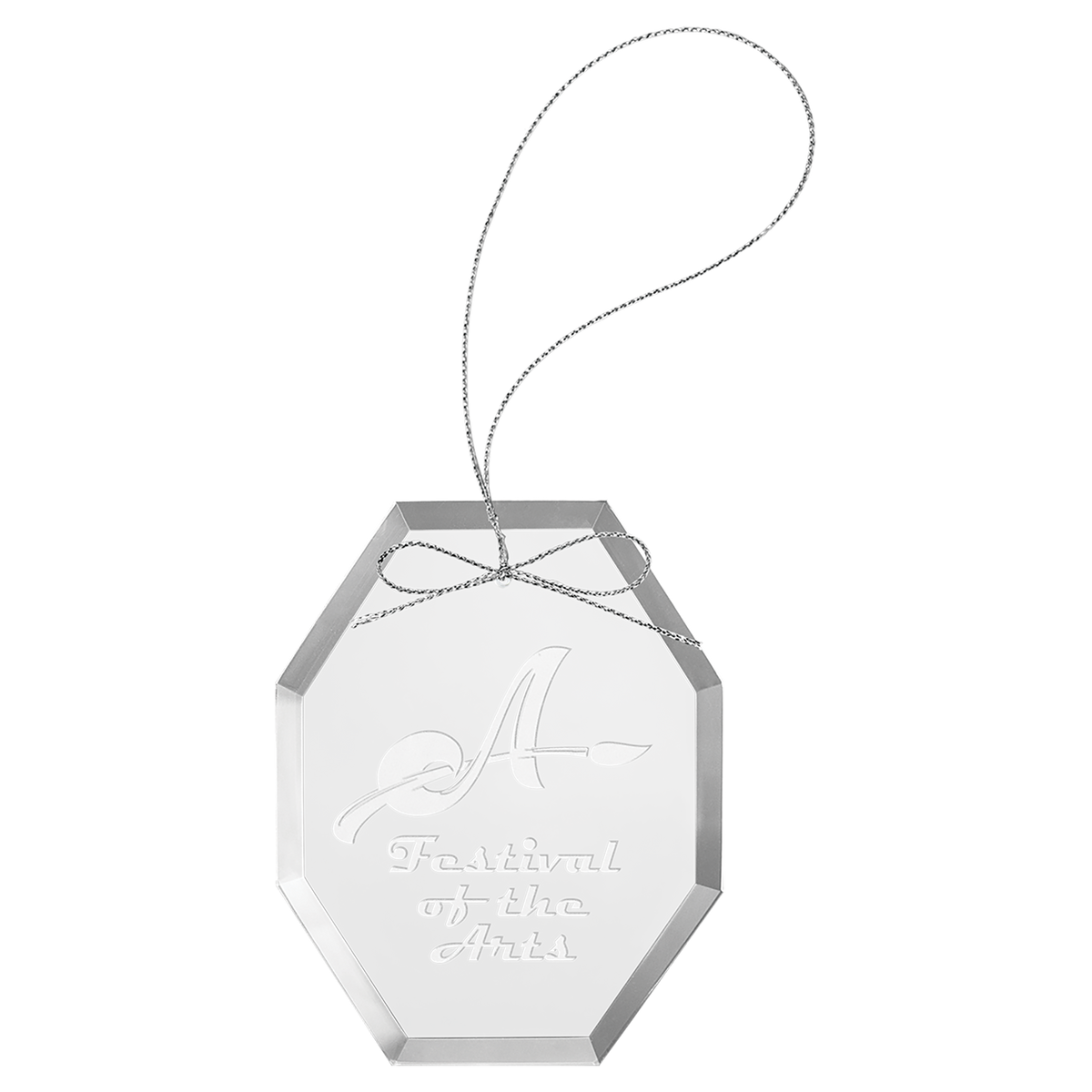 Engraved clear octagon glass Christmas ornament with silver string