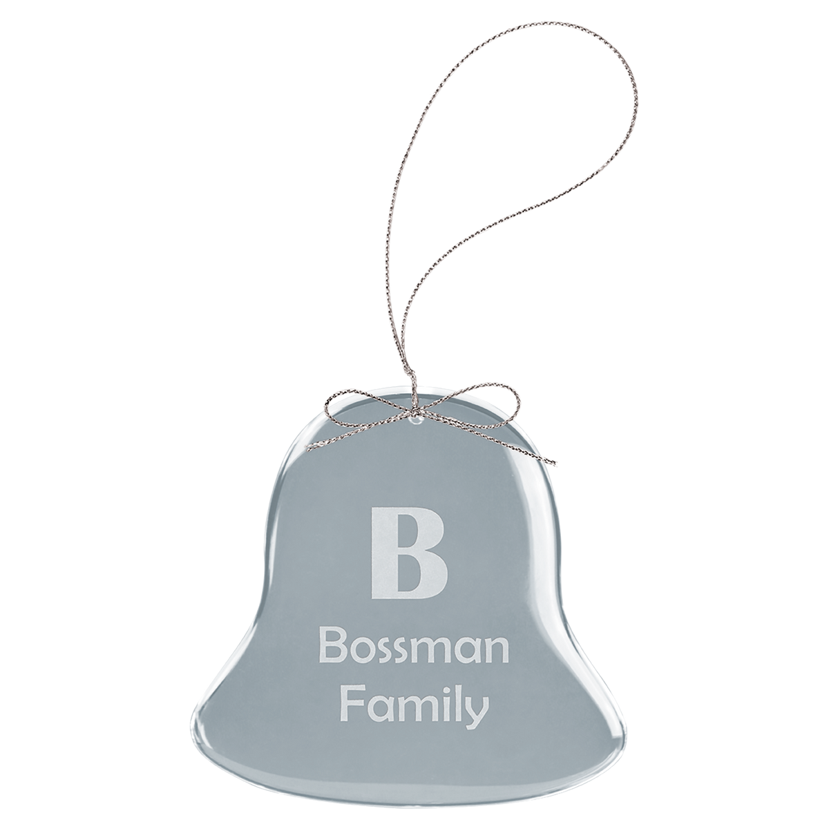 Engraved clear bell glass Christmas ornament with silver string