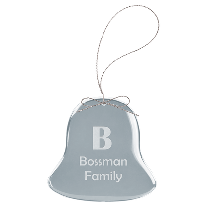 Engraved clear bell glass Christmas ornament with silver string