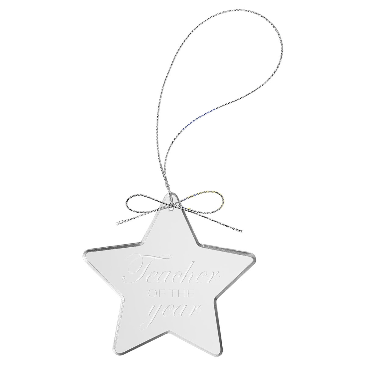 Engraved clear star glass Christmas ornament with silver string