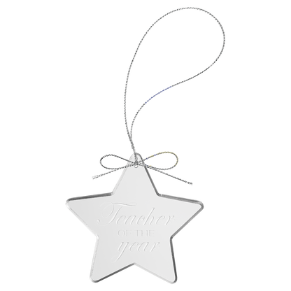 Engraved clear star glass Christmas ornament with silver string
