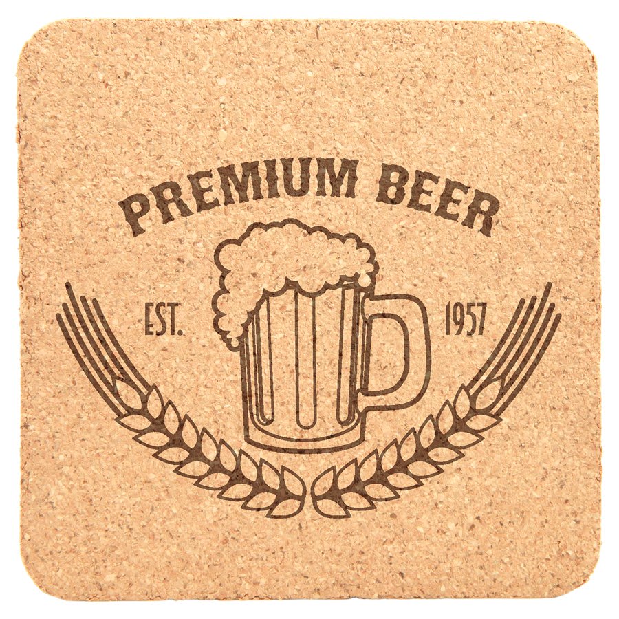 Square 4" x 4" laser engraved custom logo cork coaster