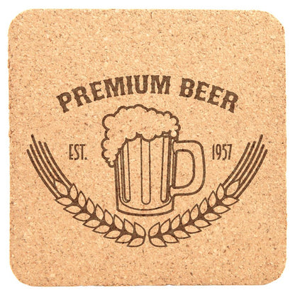Square 4" x 4" laser engraved custom logo cork coaster