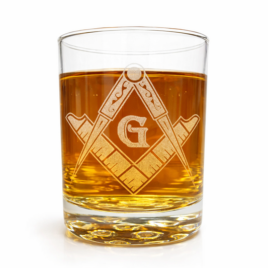 Glass with Masonic symbol laser engraved    custom name personalized