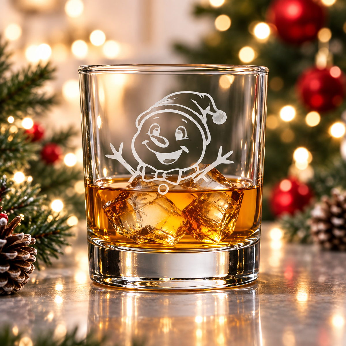 Engraved whiskey glass with waving Santa hat snowman, Christmas rocks glass