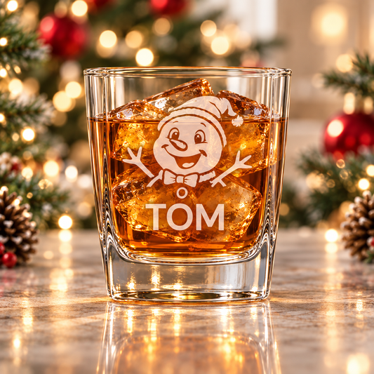 Personalized snowman whiskey glass engraved with the name Tom