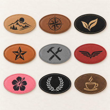Engraved Oval Leatherette Name Badge with Magnet, 3 1/4" x 1 3/4", Custom Name Tag with Logo