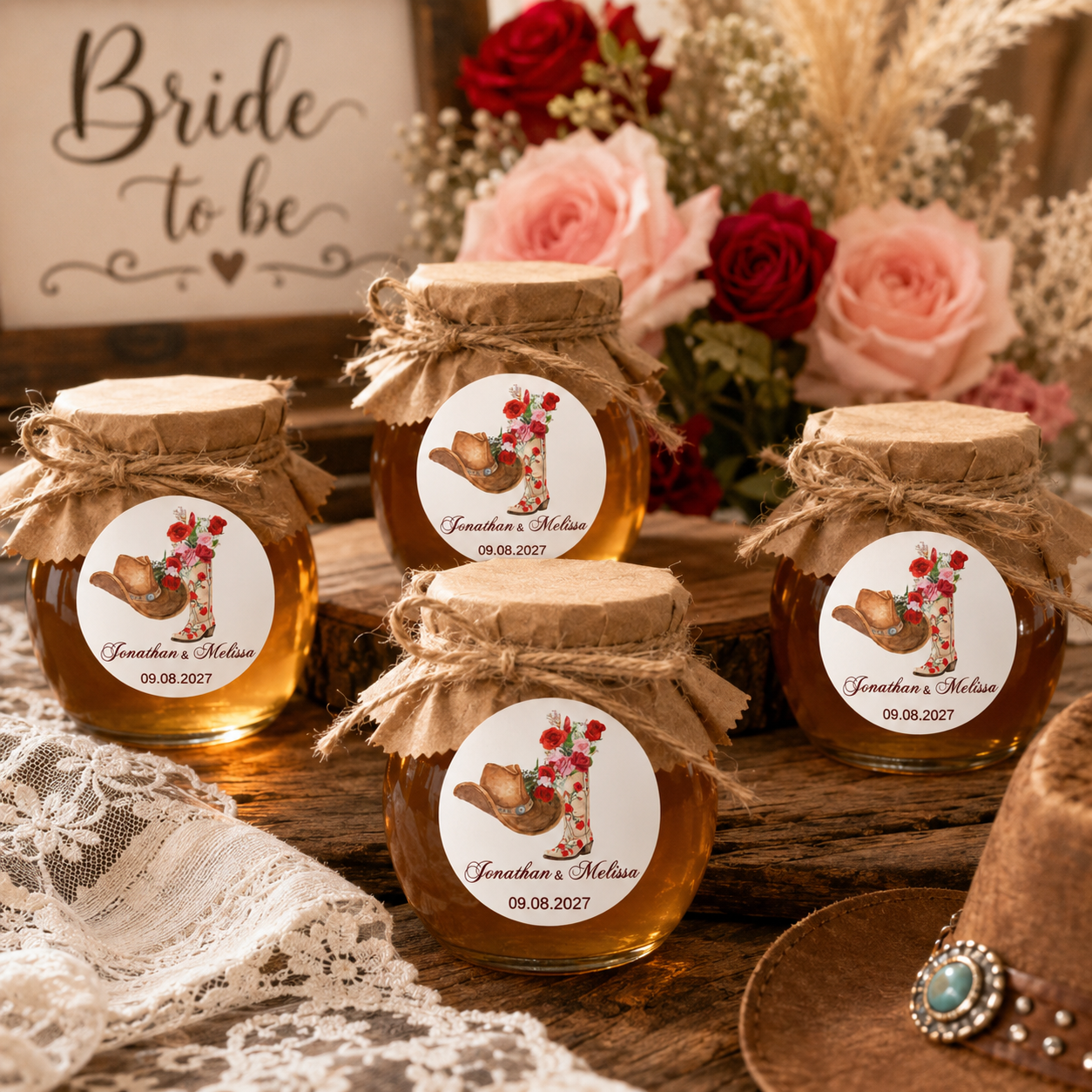 Stack of round 2-inch Western wedding stickers showing various custom text options, ready to peel and stick.