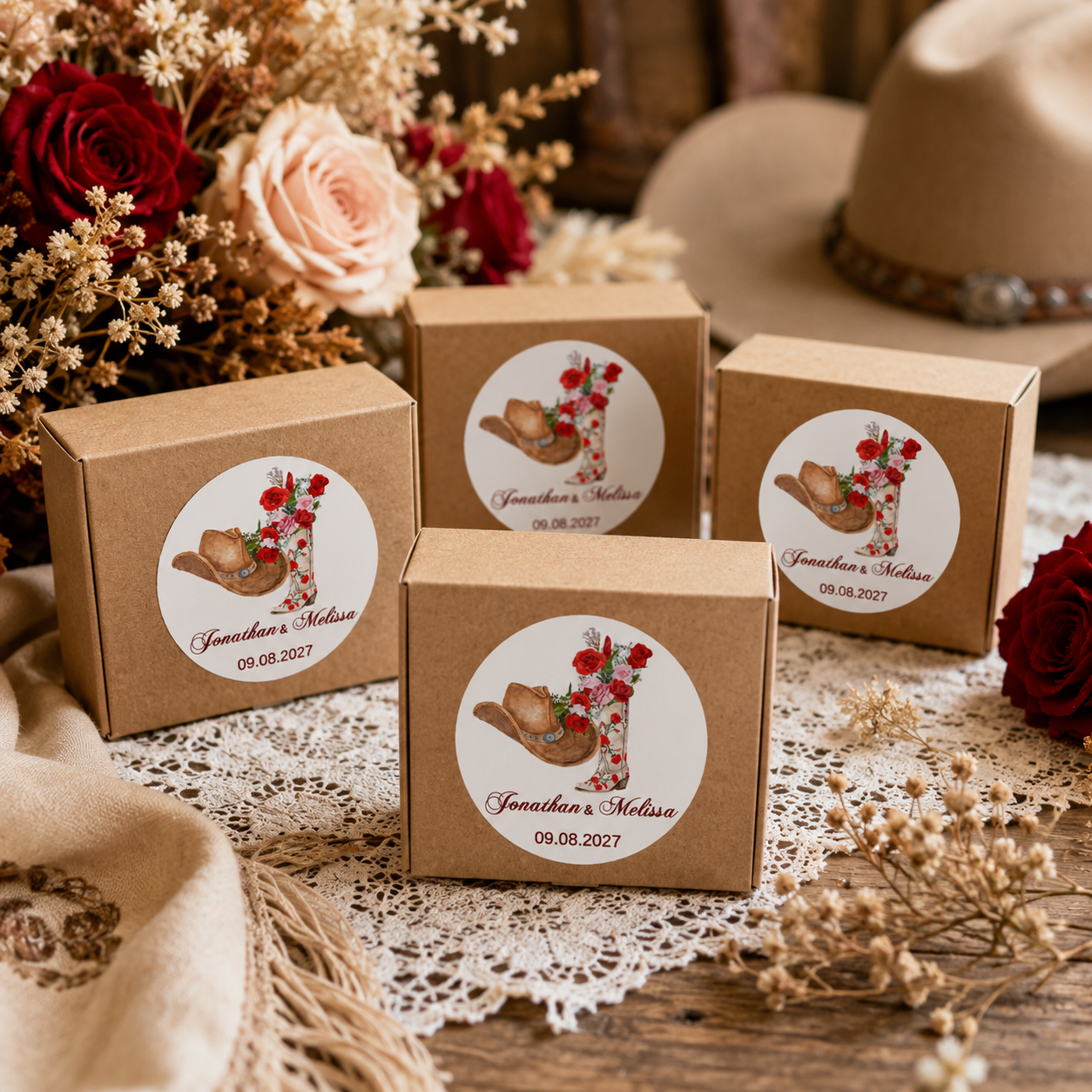 Personalized Western wedding stickers featuring a cowboy hat graphic, arranged on a rustic wooden table.
