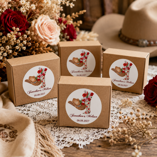 Personalized Western wedding stickers featuring a cowboy hat graphic, arranged on a rustic wooden table.