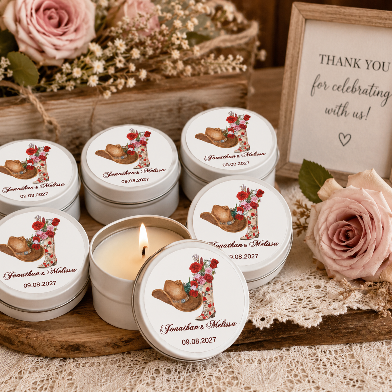 Group of personalized cowboy favor labels in different quantities (20, 40, 60), displayed for a rustic wedding theme.