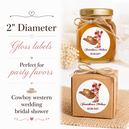 Close-up of a custom cowboy wedding favor label with personalized text and a boot design on a kraft paper background.